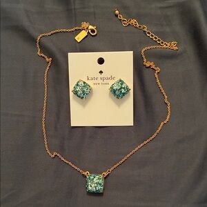 Kate Spade Gold and Teal Sparkling Earrings and Necklace Set